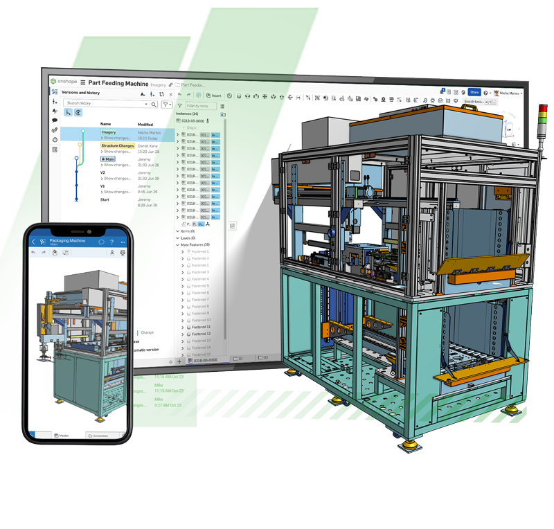 A model design in Onshape displayed in the browser and on the phone. 