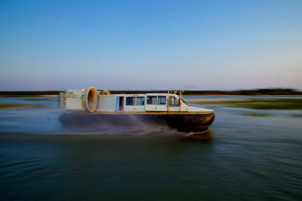 Hovercraft traveling across shallow waters in Madagascar