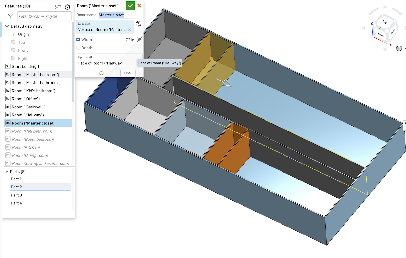 Screenshot of home layout that starts with determining the size of the rooms first. The design was created with FeatureScript, Onshape's open-source programming language that lets you easily create custom CAD features.