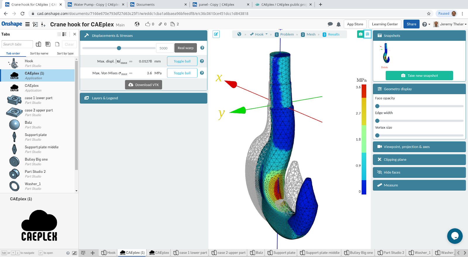 stresses on a 3d model of a hook