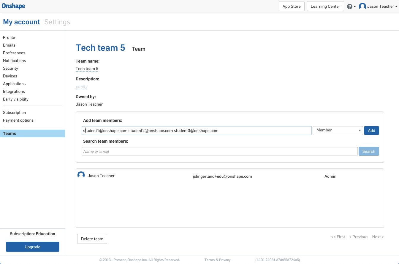 Screenshot of how to add students to your classroom team in Onshape.