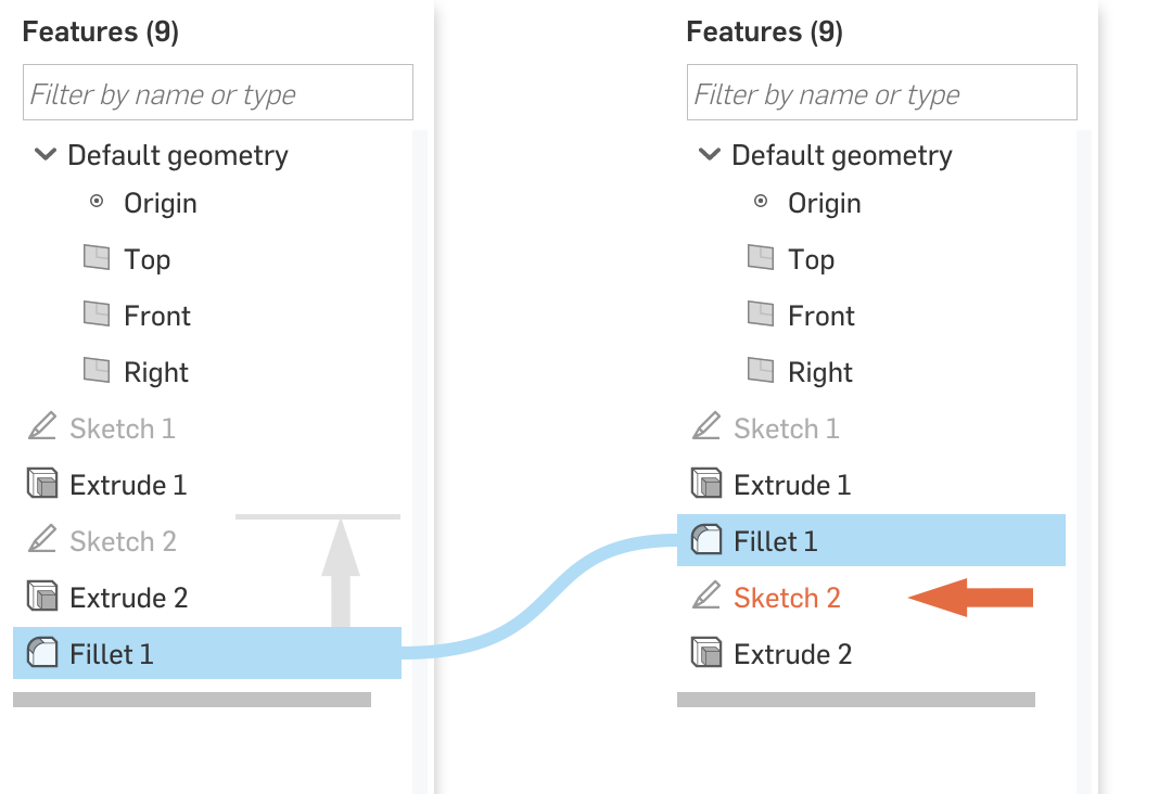 the list of features in a 3D modeler