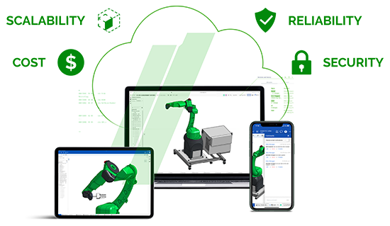 Graphic showcasing cloud connectivity with the same Onshape model on multiple devices