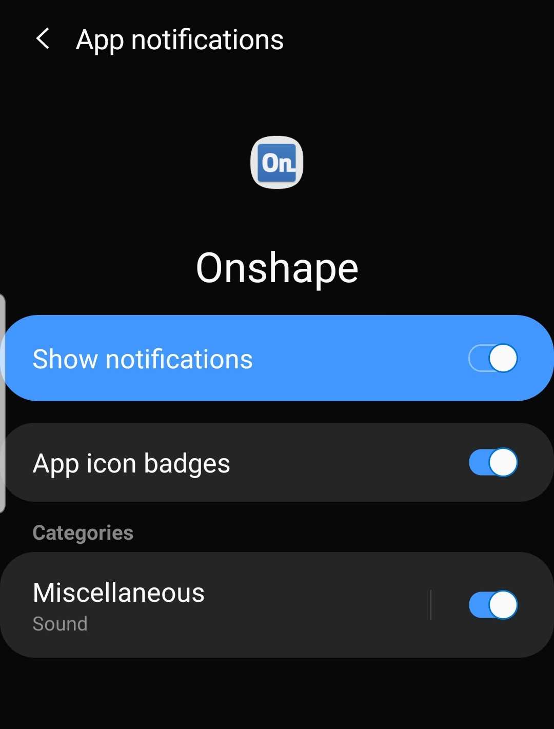 Screenshot of how to set up Android mobile notification settings in Onshape.