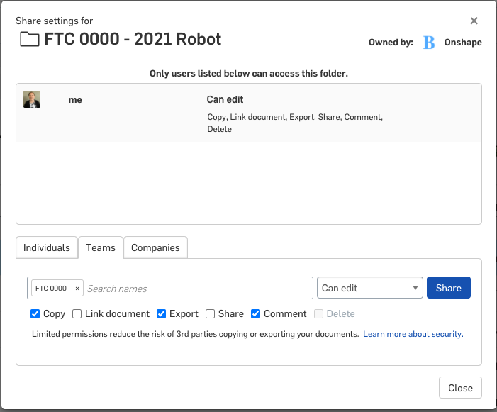 Teams page to setup FIRST robotics team